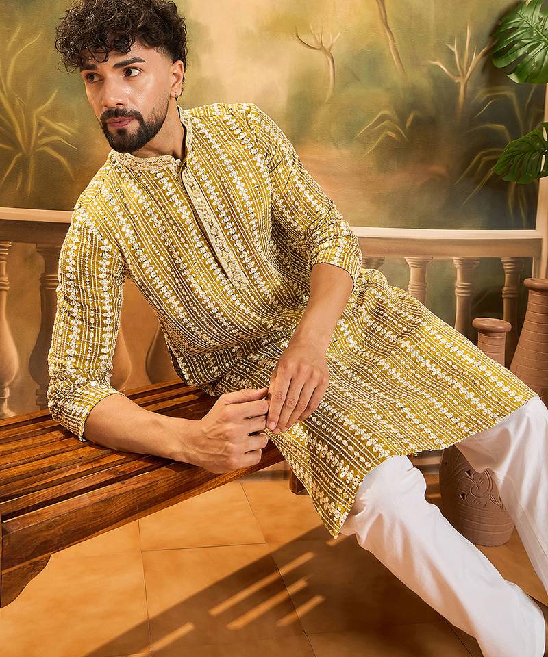 Mens mustard viscose rayon embroidered kurta with trousers