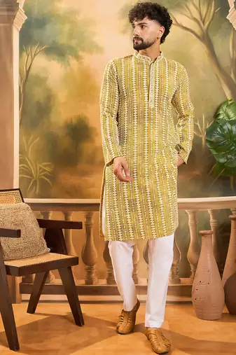 Mens mustard viscose rayon embroidered kurta with trousers