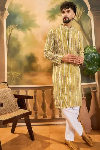 Mens mustard viscose rayon embroidered kurta with trousers