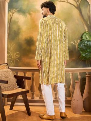 Mens mustard viscose rayon embroidered kurta with trousers 4