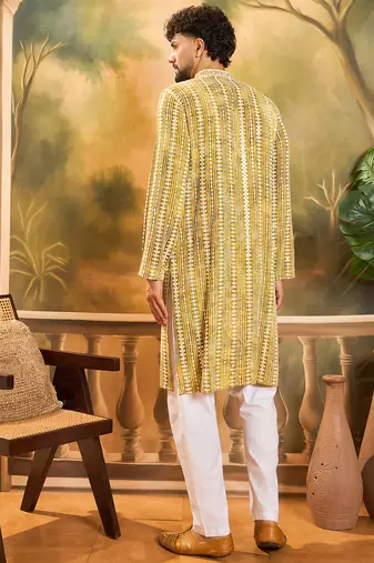 Mens mustard viscose rayon embroidered kurta with trousers