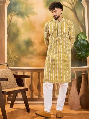 Mens mustard viscose rayon embroidered kurta with trousers 5