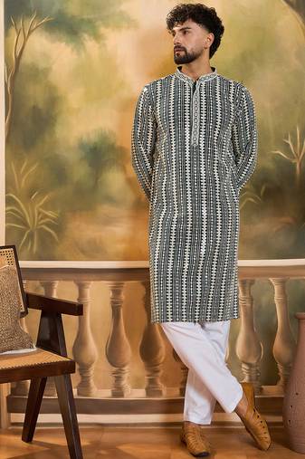 Mens teal viscose rayon embroidered kurta with trousers