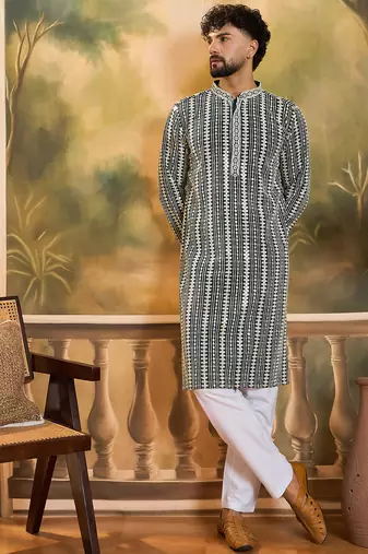 Mens teal viscose rayon embroidered kurta with trousers