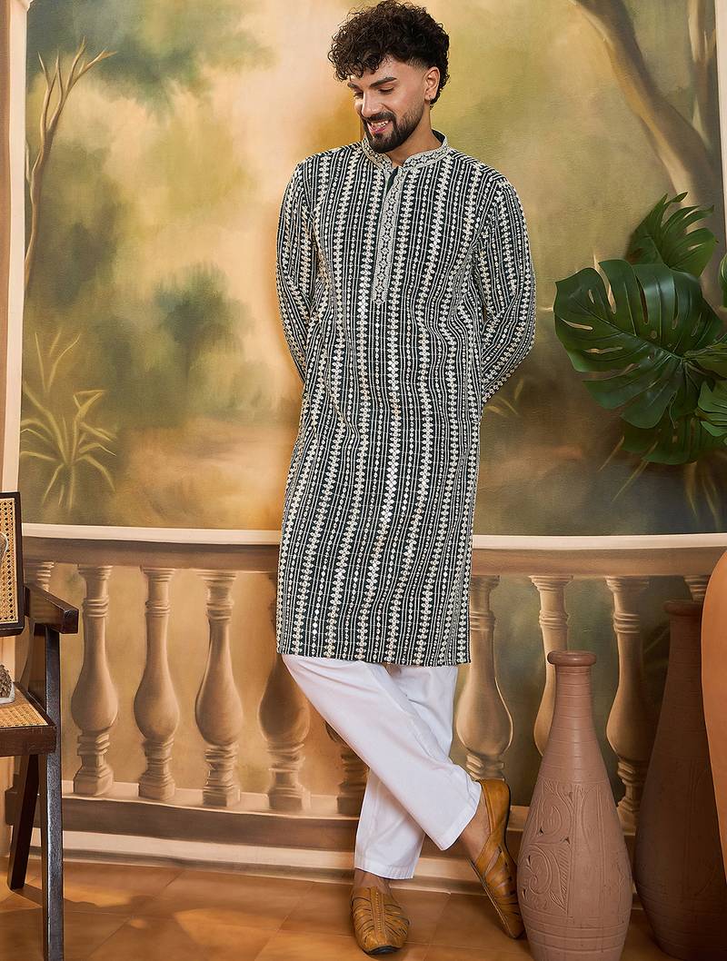 Mens teal viscose rayon embroidered kurta with trousers