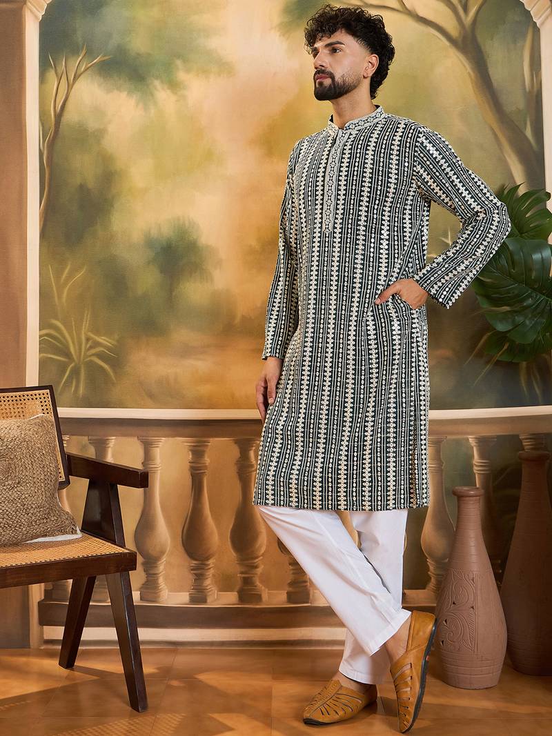 Mens teal viscose rayon embroidered kurta with trousers