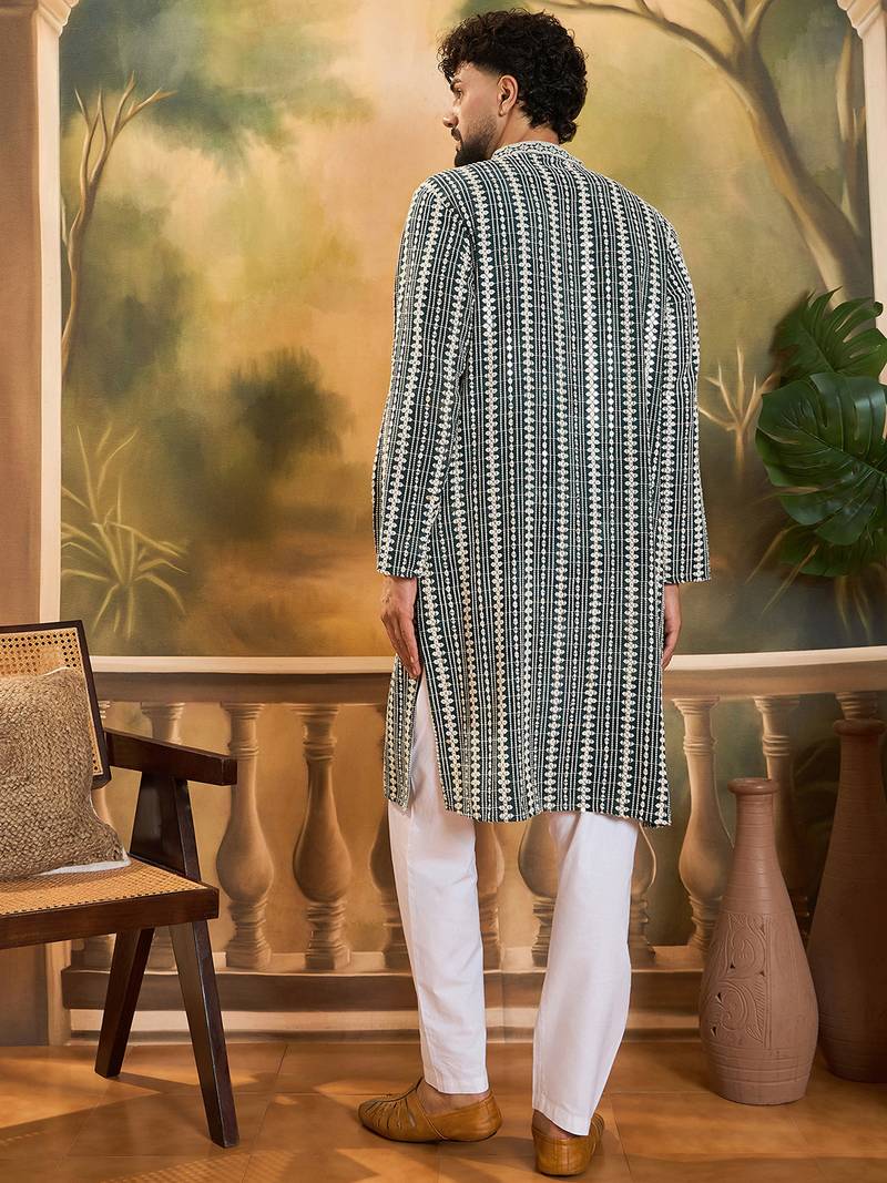 Mens teal viscose rayon embroidered kurta with trousers