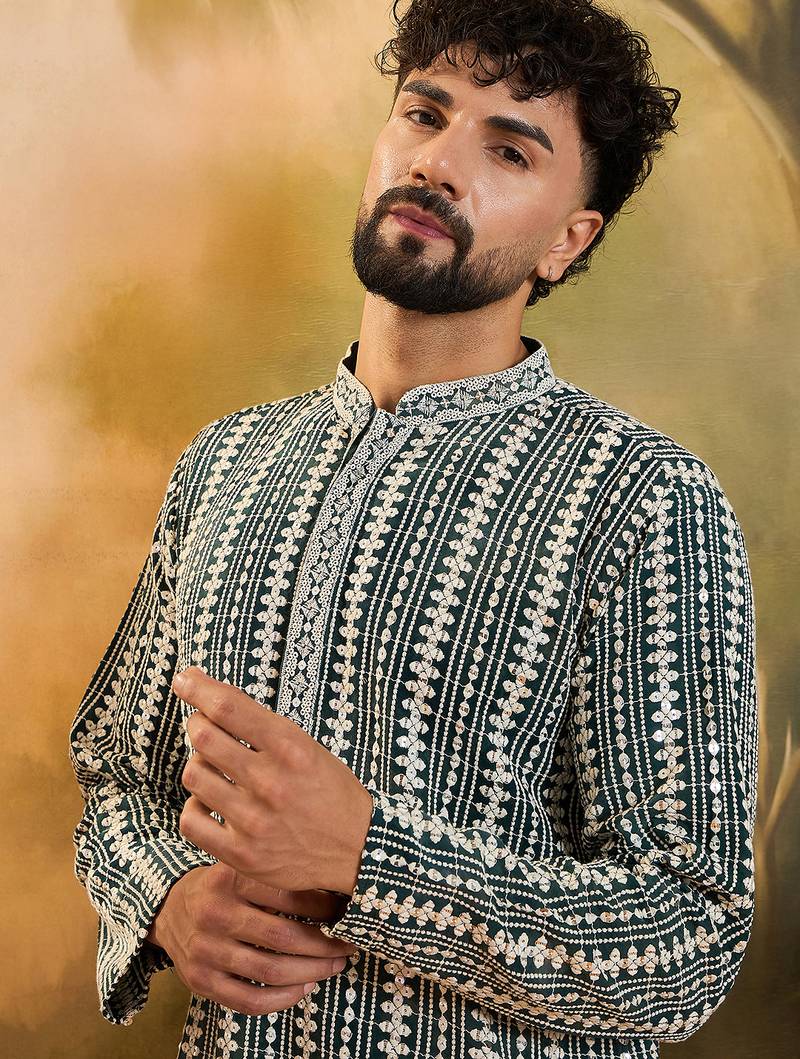 Mens teal viscose rayon embroidered kurta with trousers