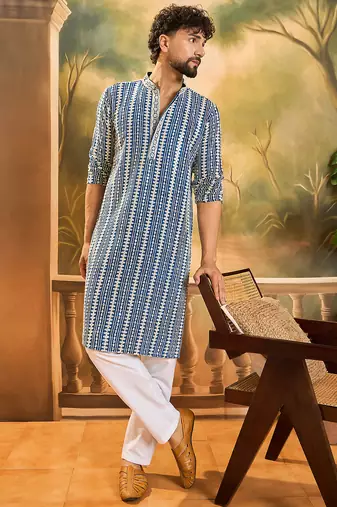 Mens blue viscose rayon embroidered kurta with trousers
