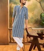 Mens blue viscose rayon embroidered kurta with trousers