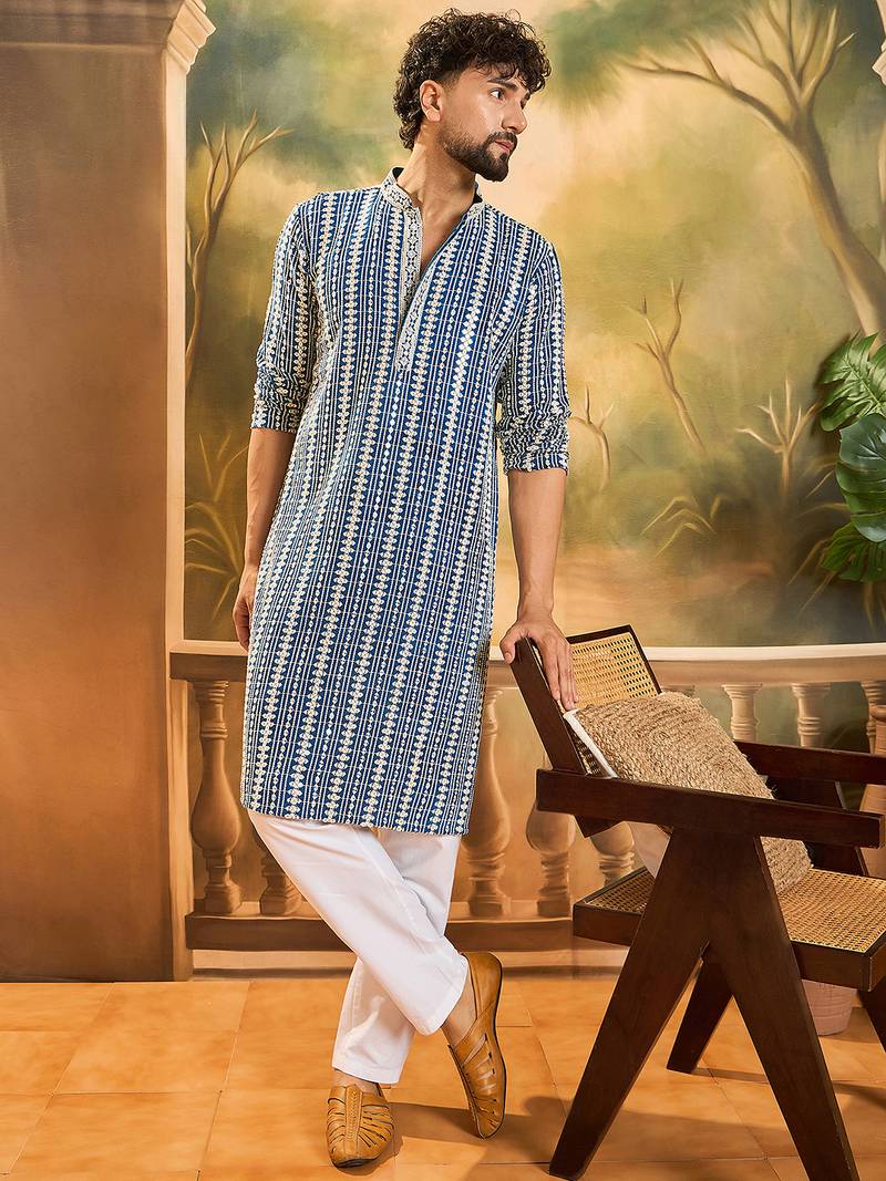 Mens blue viscose rayon embroidered kurta with trousers