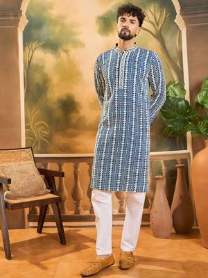 Mens blue viscose rayon embroidered kurta with trousers 2