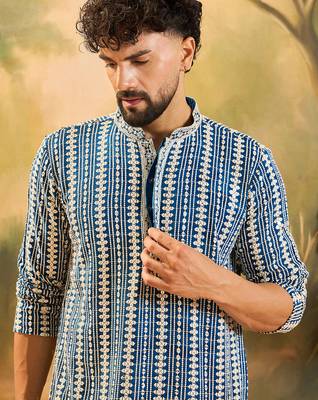 Mens blue viscose rayon embroidered kurta with trousers 3