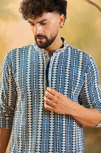 Mens blue viscose rayon embroidered kurta with trousers