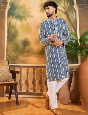 Mens blue viscose rayon embroidered kurta with trousers 5