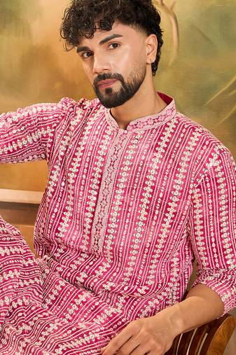 Mens red viscose rayon embroidered kurta with trousers