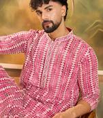 Mens red viscose rayon embroidered kurta with trousers