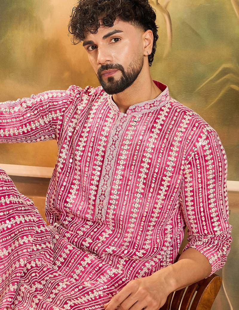 Mens red viscose rayon embroidered kurta with trousers