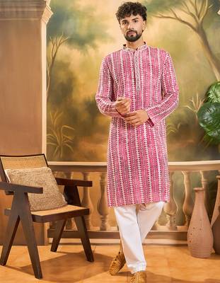 Mens red viscose rayon embroidered kurta with trousers 2