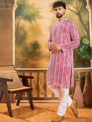 Mens red viscose rayon embroidered kurta with trousers 3