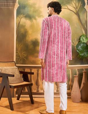 Mens red viscose rayon embroidered kurta with trousers 4