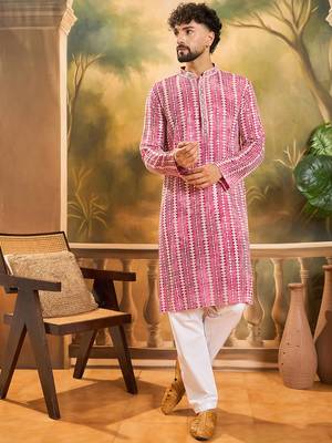 Mens red viscose rayon embroidered kurta with trousers 5