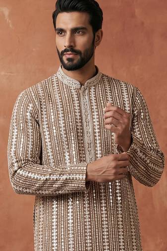 Mens brown viscose rayon embroidered kurta with trousers