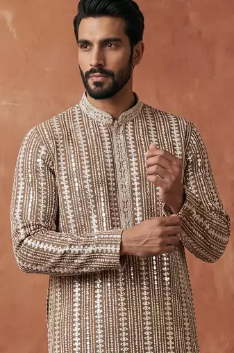Mens brown viscose rayon embroidered kurta with trousers