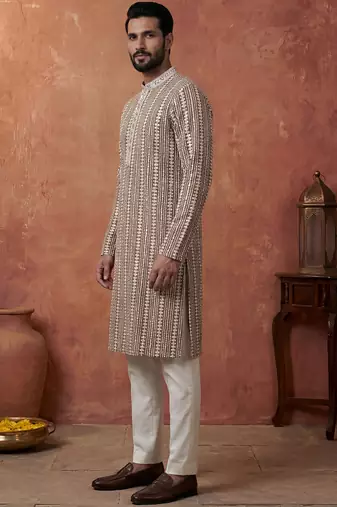 Mens brown viscose rayon embroidered kurta with trousers