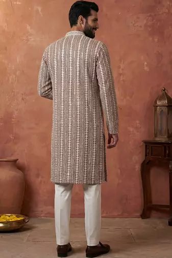 Mens brown viscose rayon embroidered kurta with trousers