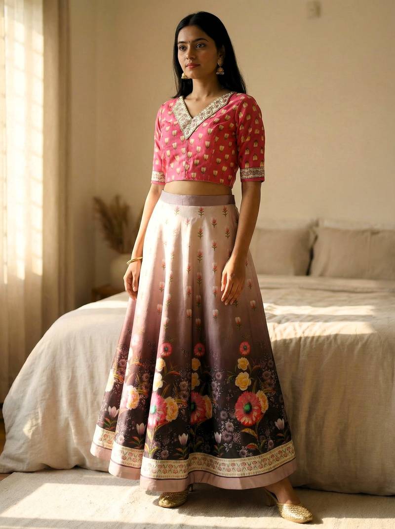 Multicolour semistitched croptop choli with unstitched blouse