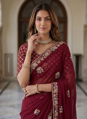 Maroon Color Beads,Cutdana,Sequins And Thread Work Chiffon Silk Saree 2