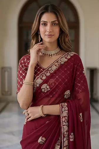 Maroon Color Beads,Cutdana,Sequins And Thread Work Chiffon Silk Saree