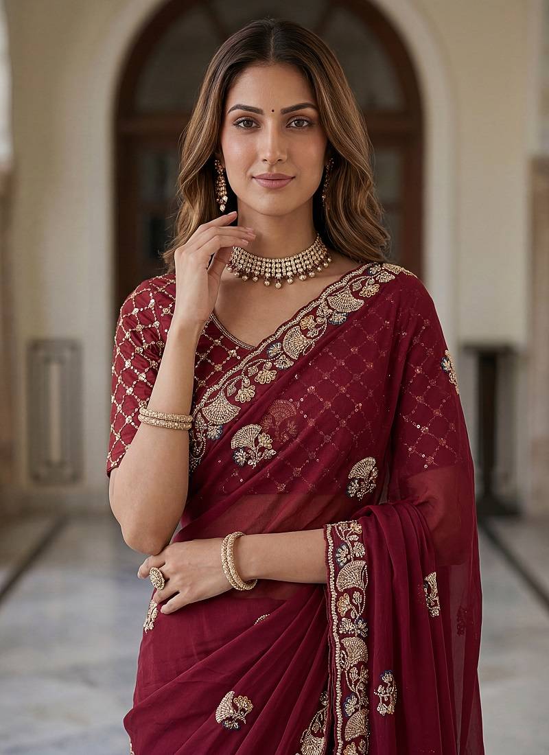 Maroon Color Beads,Cutdana,Sequins And Thread Work Chiffon Silk Saree