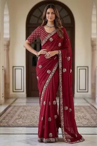 Maroon Color Beads,Cutdana,Sequins And Thread Work Chiffon Silk Saree
