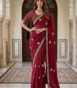 Maroon Color Beads,Cutdana,Sequins And Thread Work Chiffon Silk Saree