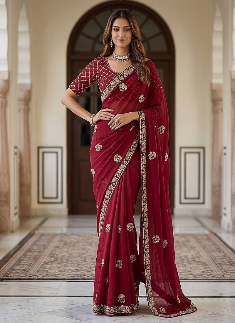 Maroon Color Beads,Cutdana,Sequins And Thread Work Chiffon Silk Saree