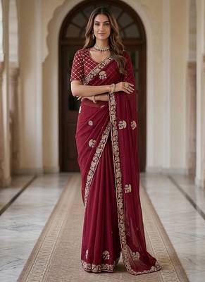Maroon Color Beads,Cutdana,Sequins And Thread Work Chiffon Silk Saree 3