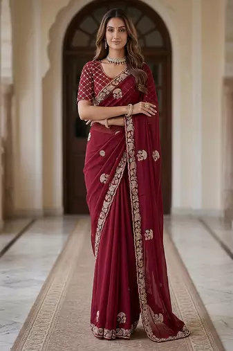 Maroon Color Beads,Cutdana,Sequins And Thread Work Chiffon Silk Saree