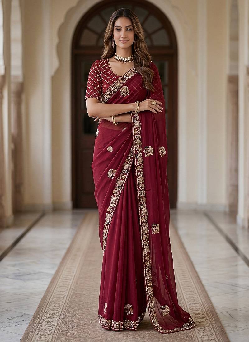Maroon Color Beads,Cutdana,Sequins And Thread Work Chiffon Silk Saree