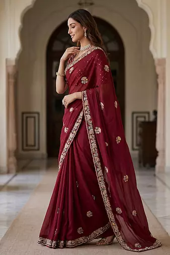 Maroon Color Beads,Cutdana,Sequins And Thread Work Chiffon Silk Saree