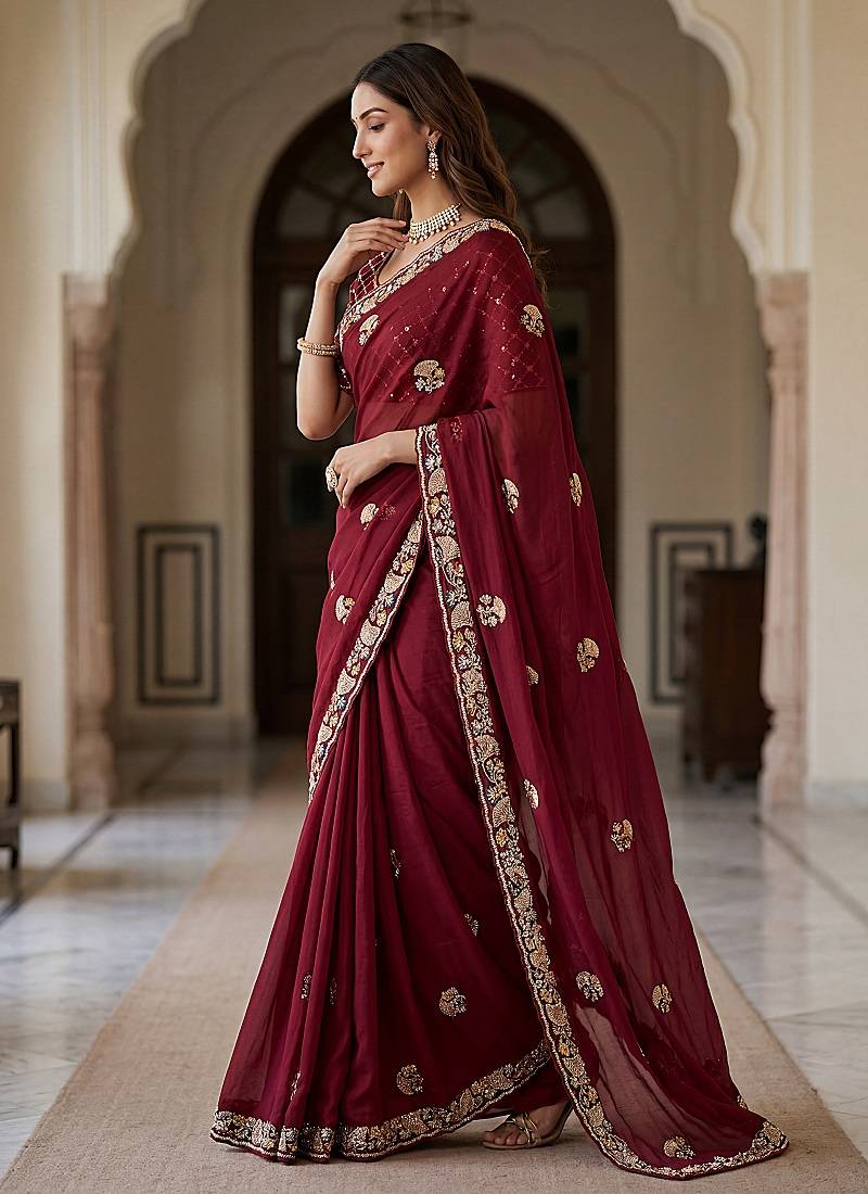 Maroon Color Beads,Cutdana,Sequins And Thread Work Chiffon Silk Saree