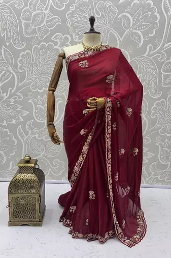 Maroon Color Beads,Cutdana,Sequins And Thread Work Chiffon Silk Saree