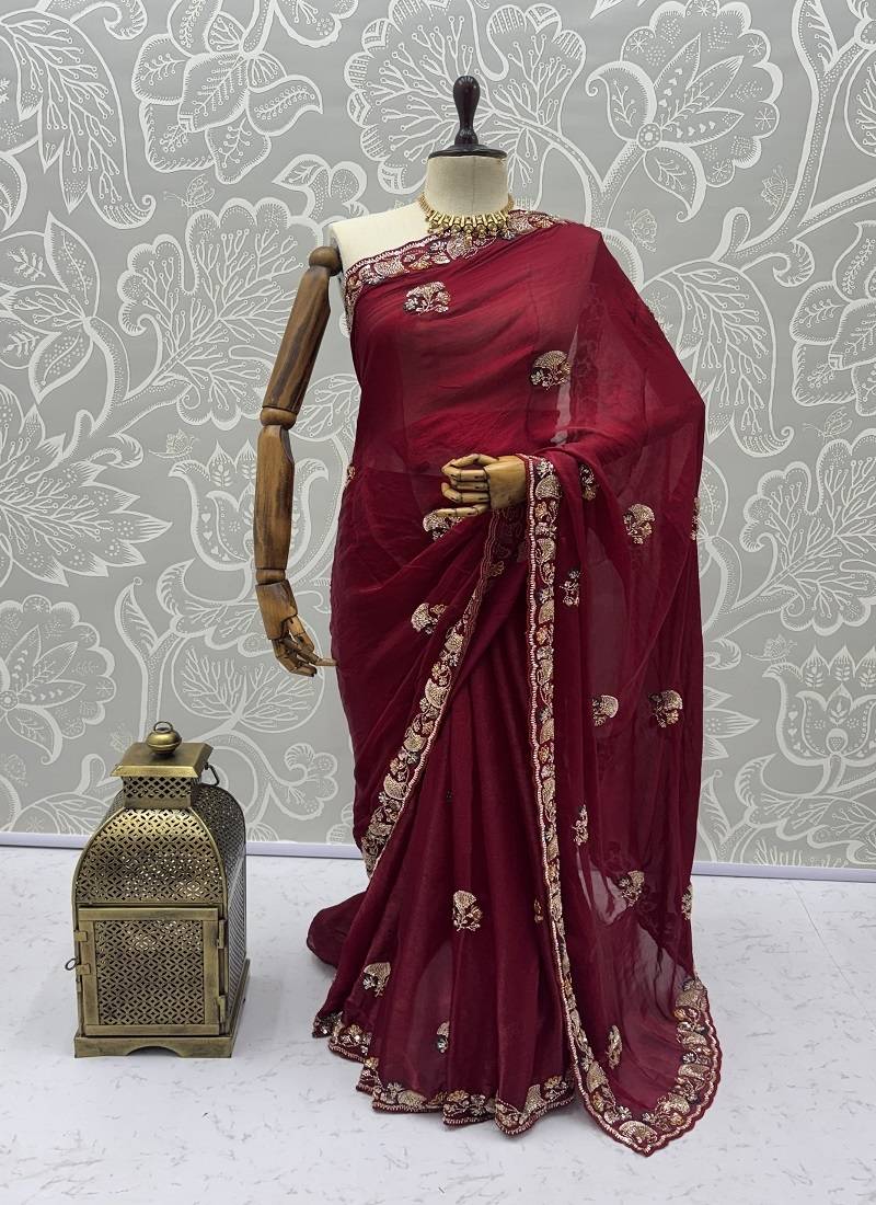 Maroon Color Beads,Cutdana,Sequins And Thread Work Chiffon Silk Saree