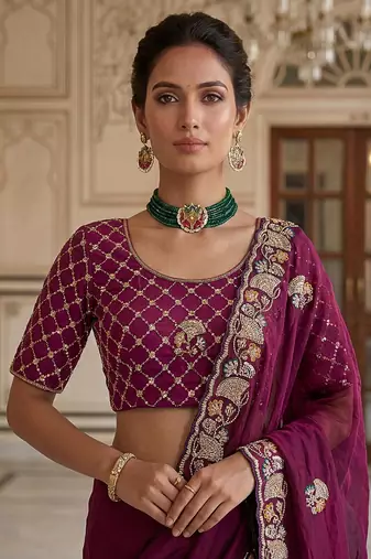 Plum Color Beads,Cutdana,Sequins And Thread Work Chiffon Silk Saree