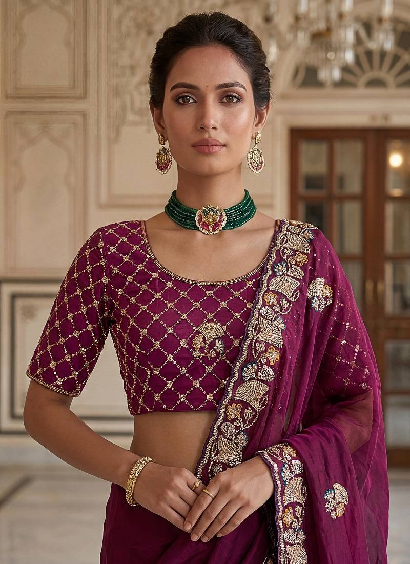 Plum Color Beads,Cutdana,Sequins And Thread Work Chiffon Silk Saree