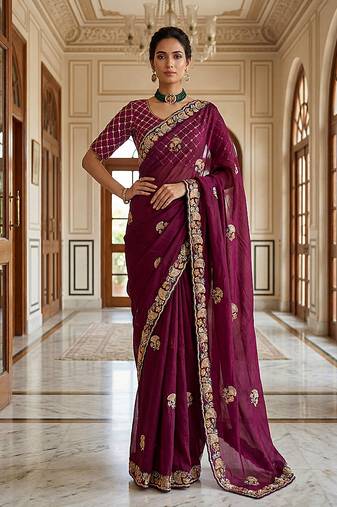 Plum Color Beads,Cutdana,Sequins And Thread Work Chiffon Silk Saree
