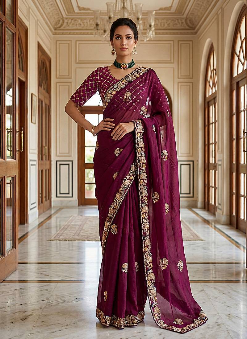 Plum Color Beads,Cutdana,Sequins And Thread Work Chiffon Silk Saree