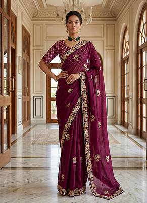 Plum Color Beads,Cutdana,Sequins And Thread Work Chiffon Silk Saree 1