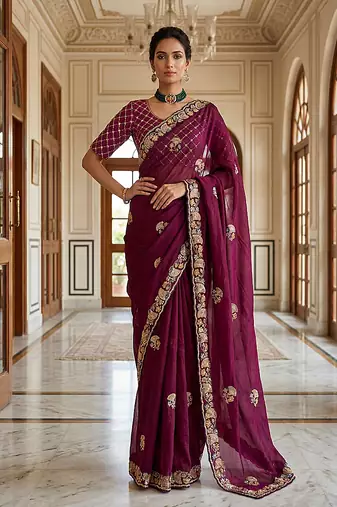 Plum Color Beads,Cutdana,Sequins And Thread Work Chiffon Silk Saree